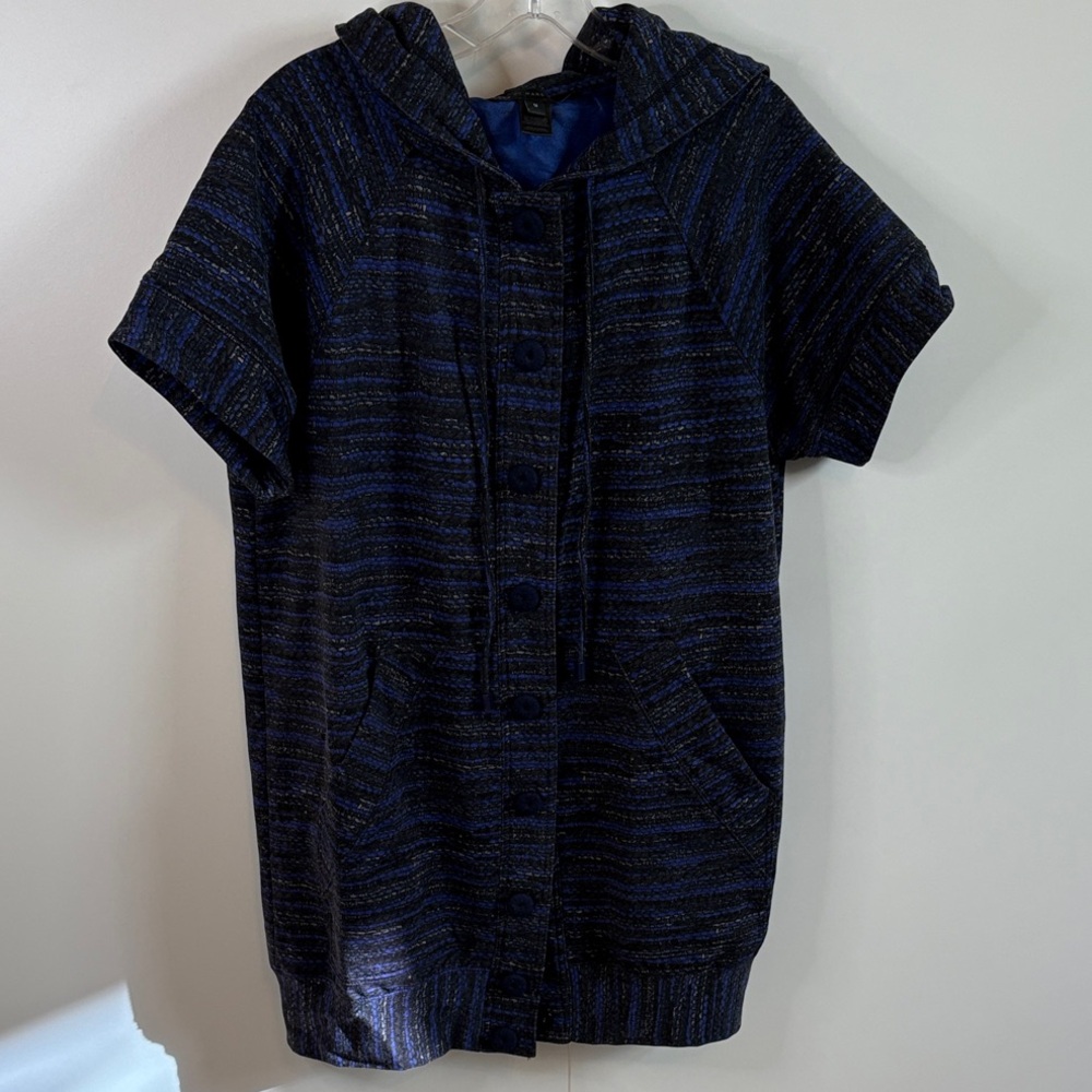 Marc By Marc Jacobs Blue Patterned Short Sleeve Hooded Snap Jacketigan | M